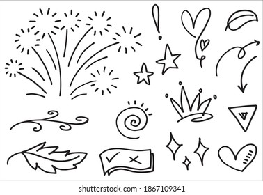 Hand drawn set elements, Abstract arrows, ribbons, hearts, stars, crowns and other elements in a hand drawn style for concept designs. Scribble illustration. Vector illustration.