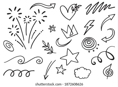 Hand drawn set elements, Abstract arrows, ribbons, fireworks, trumpet, hearts, stars, crowns and other elements in a hand drawn style for concept designs. Scribble illustration. Vector illustration