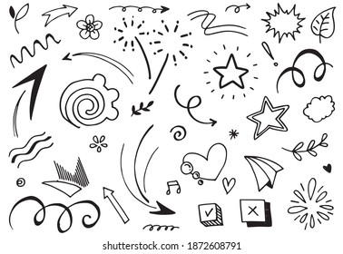 Hand drawn set elements, Abstract arrows, ribbons, fireworks, trumpet, hearts, stars, crowns and other elements in a hand drawn style for concept designs. Scribble illustration. Vector illustration