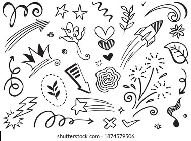 Hand drawn set elements, Abstract arrows, ribbons, fireworks, hearts, lightning,love , leaf, stars, crowns and other elements in a hand drawn style for concept designs. Scribble illustration.