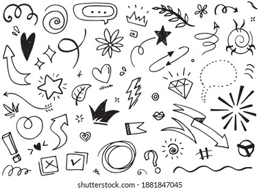 Hand drawn set elements, Abstract arrows, ribbons, hearts, stars, crowns and other elements in a hand drawn style for concept designs. Scribble illustration. Vector illustration.