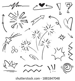 Hand drawn set elements, Abstract arrows, ribbons, hearts, stars, crowns and other elements in a hand drawn style for concept designs. Scribble illustration. Vector illustration.