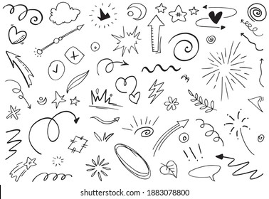 Hand drawn set elements, Abstract arrows, ribbons, hearts, stars, crowns and other elements in a hand drawn style for concept designs. Scribble illustration. Vector illustration.