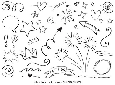 Hand drawn set elements, Abstract arrows, ribbons, hearts, stars, crowns and other elements in a hand drawn style for concept designs. Scribble illustration. Vector illustration.