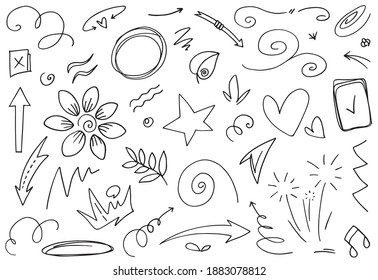 Hand drawn set elements, Abstract arrows, ribbons, hearts, stars, crowns and other elements in a hand drawn style for concept designs. Scribble illustration. Vector illustration.