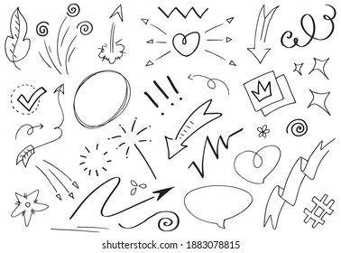 Hand drawn set elements, Abstract arrows, ribbons, hearts, stars, crowns and other elements in a hand drawn style for concept designs. Scribble illustration. Vector illustration.