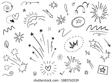 Hand drawn set elements, Abstract arrows, ribbons, hearts, stars, crowns and other elements in a hand drawn style for concept designs. Scribble illustration. Vector illustration.