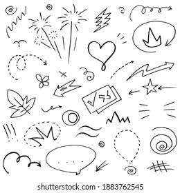 Hand drawn set elements, Abstract arrows, ribbons, hearts, stars, crowns and other elements in a hand drawn style for concept designs. Scribble illustration. Vector illustration.