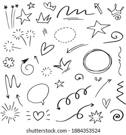 Hand drawn set elements, Abstract arrows, ribbons, hearts, stars, crowns and other elements in a hand drawn style for concept designs. Scribble illustration. Vector illustration.