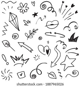 Hand drawn set elements, Abstract arrows, ribbons, hearts, stars, crowns and other elements in a hand drawn style for concept designs. Scribble illustration. Vector illustration.