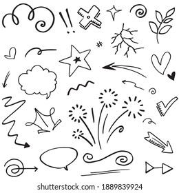Hand drawn set elements, Abstract arrows, ribbons, hearts, stars, crowns, cracks and other elements in a hand drawn style for a concept design. Scribble illustration. Vector illustration.

