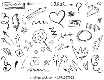 Hand drawn set elements, Abstract arrows, ribbons, hearts, stars, crowns and other elements in a hand drawn style for concept designs. Scribble illustration. Vector illustration.