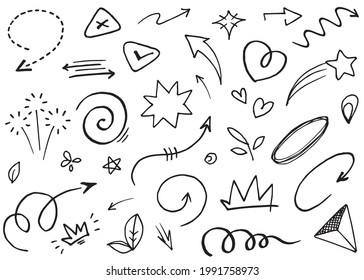 Hand drawn set elements, Abstract arrows, ribbons, hearts, stars, crowns and other elements in a hand drawn style for concept designs. Scribble illustration. Vector illustration.