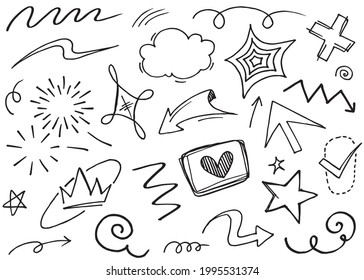 Hand drawn set elements, Abstract arrows, ribbons, hearts, stars, crowns and other elements in a hand drawn style for concept designs. Scribble illustration. Vector illustration.