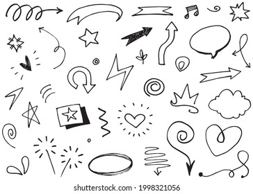 Hand drawn set elements, Abstract arrows, ribbon, heart, star leaf, crown and other elements in hand drawn style for concept design. Scribble illustration. Vector illustration.