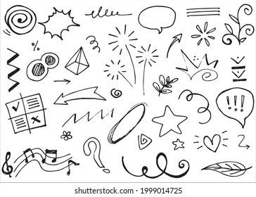 Hand drawn set elements, Abstract arrows, ribbon, heart, star leaf, crown and other elements in hand drawn style for concept design. Scribble illustration. Vector illustration.