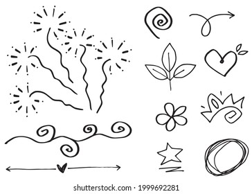 Hand drawn set elements, Abstract arrows, ribbon, heart, star leaf, crown and other elements in hand drawn style for concept design. Scribble illustration. Vector illustration.