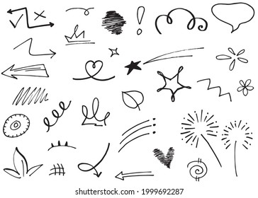 Hand drawn set elements, Abstract arrows, ribbon, heart, star leaf, crown and other elements in hand drawn style for concept design. Scribble illustration. Vector illustration.
