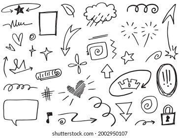 Hand drawn set elements, Abstract arrows, ribbon, heart, star leaf, crown and other elements in hand drawn style for concept design. Scribble illustration. Vector illustration.