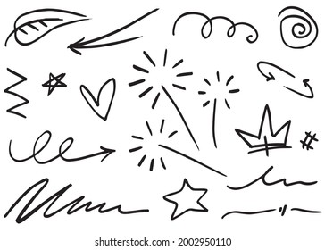 Hand drawn set elements, Abstract arrows, ribbon, heart, star leaf, crown and other elements in hand drawn style for concept design. Scribble illustration. Vector illustration.