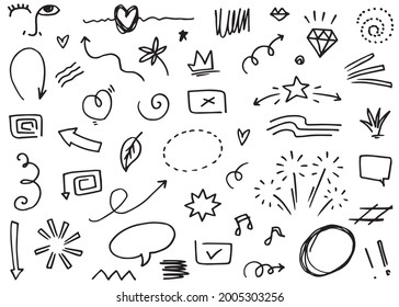 Hand drawn set elements, Abstract arrows, ribbon, heart, star leaf, crown and other elements in hand drawn style for concept design. Scribble illustration. Vector illustration.
