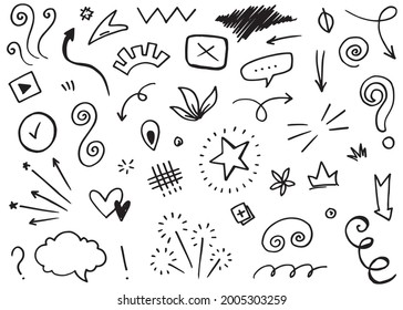 Hand drawn set elements, Abstract arrows, ribbon, heart, star leaf, crown and other elements in hand drawn style for concept design. Scribble illustration. Vector illustration.