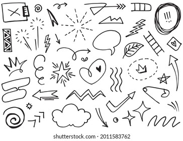 Hand drawn set elements, Abstract arrows, ribbon, heart, star leaf, crown and other elements in hand drawn style for concept design. Scribble illustration. Vector illustration.