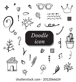 Hand drawn set elements, Abstract arrows, ribbons, hearts, stars, crowns and other elements in a hand drawn style for concept designs. Scribble illustration. Vector illustration.