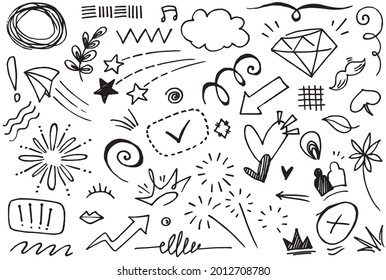 Hand drawn set elements, Abstract arrows, ribbon, heart, star leaf, crown and other elements in hand drawn style for concept design. Scribble illustration. Vector illustration.