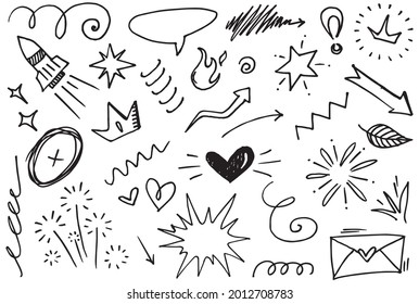 Hand drawn set elements, Abstract arrows, ribbon, heart, star leaf, crown and other elements in hand drawn style for concept design. Scribble illustration. Vector illustration.