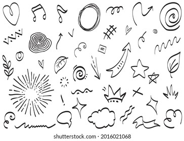 Hand drawn set elements, Abstract arrows, ribbon, heart, star leaf, crown and other elements in hand drawn style for concept design. Scribble illustration. Vector illustration.