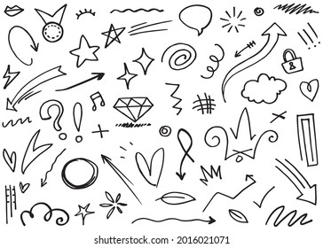 Hand drawn set elements, Abstract arrows, ribbon, heart, star leaf, crown and other elements in hand drawn style for concept design. Scribble illustration. Vector illustration.