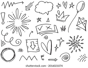 Hand drawn set elements, Abstract arrows, ribbon, heart, star leaf, crown and other elements in hand drawn style for concept design. Scribble illustration. Vector illustration.