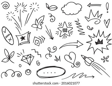 Hand drawn set elements, Abstract arrows, ribbon, heart, star leaf, crown and other elements in hand drawn style for concept design. Scribble illustration. Vector illustration.