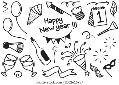 Hand drawn set elements, abstract arrows, ribbons, fireworks, celebrating new year 2021, trumpets, hearts, stars, crowns and other elements in a hand drawn style for concept design. Scribble illustrat