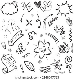 Hand drawn set elements, Abstract arrows, ribbons, hearts, stars, crowns and other elements in a hand drawn style for concept designs. Scribble illustration. Vector illustration.