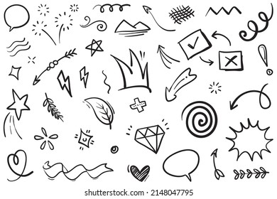 Hand drawn set elements, Abstract arrows, ribbons, hearts, stars, crowns and other elements in a hand drawn style for concept designs. Scribble illustration. Vector illustration.