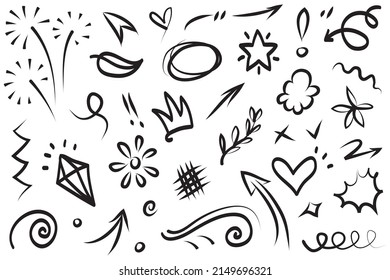 Hand drawn set elements, Abstract arrows, ribbons, hearts, stars, crowns and other elements in a hand drawn style for concept designs. Scribble illustration. Vector illustration.