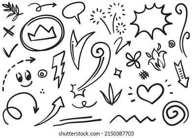 Hand drawn set elements, Abstract arrows, ribbons, hearts, stars, crowns and other elements in a hand drawn style for concept designs. Scribble illustration. Vector illustration.