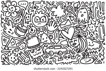 Hand drawn set elements, Abstract arrows, ribbons, hearts, stars, crowns, monsters and other elements in hand drawn style for concept design. Scribble illustration. Vector illustration.