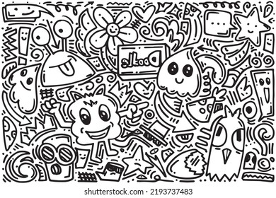 Hand drawn set elements, Abstract arrows, ribbons, hearts, stars, crowns, monsters and other elements in hand drawn style for concept design. Scribble illustration. Vector illustration.