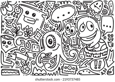 Hand drawn set elements, Abstract arrows, ribbons, hearts, stars, crowns, monsters and other elements in hand drawn style for concept design. Scribble illustration. Vector illustration.