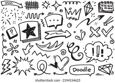 Hand drawn set elements, Abstract arrows, ribbons, hearts, stars, crowns and other elements in a hand drawn style for concept designs. Scribble illustration. Vector illustration.