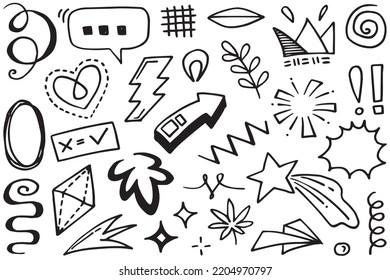 Hand drawn set elements, Abstract arrows, ribbons, hearts, stars, crowns and other elements in a hand drawn style for concept designs. Scribble illustration. Vector illustration.