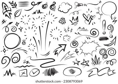 Hand drawn set elements, Abstract arrows, ribbons, hearts, stars, crowns and other elements in a hand drawn style for concept designs. Scribble illustration. Vector illustration.