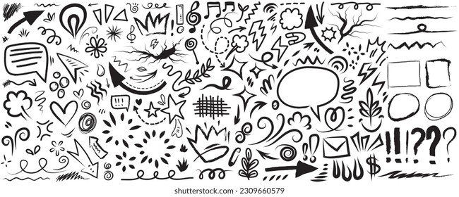 Hand drawn set elements, Abstract arrows, ribbons, hearts, stars, crowns and other elements in a hand drawn style for concept designs. Scribble illustration. Vector illustration.
