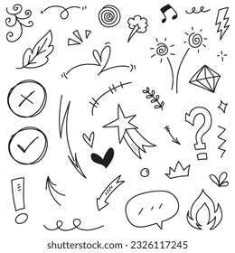 Hand drawn set elements, Abstract arrows, ribbons, hearts, stars, crowns and other elements in a hand drawn style for concept designs. Scribble illustration. Vector illustration.