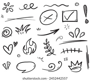 Hand drawn set elements, Abstract arrows, ribbons, hearts, stars, crowns and other elements in a hand drawn style for concept designs. Scribble illustration. Vector illustration.
