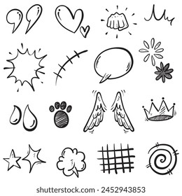 Hand drawn set elements, Abstract arrows, ribbons, hearts, stars, crowns and other elements in a hand drawn style for concept designs. Scribble illustration. Vector illustration.