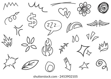 Hand drawn set elements, Abstract arrows, ribbons, hearts, stars, crowns and other elements in a hand drawn style for concept designs. Scribble illustration. Vector illustration.